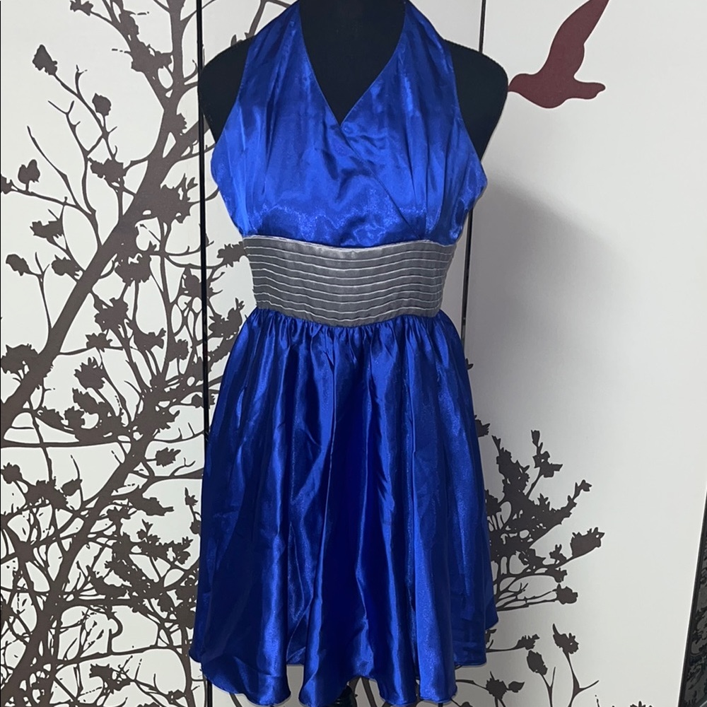 Handmade Cotillion Royal Blue & Silver Halter Neck Sleeveless Formal Dress $30
